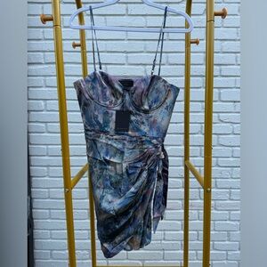 Michael Costello Multicolor Satin Mini Dress with Draped Side Tie size M